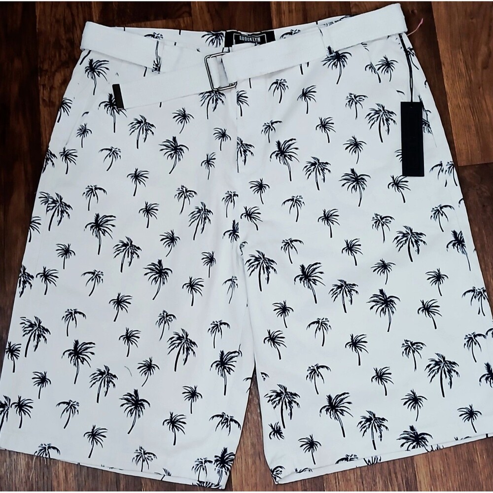 BROOKLYN XPRESS PALM TREE SHORTS MENS 40 WHITE BLACK NWT BELTED